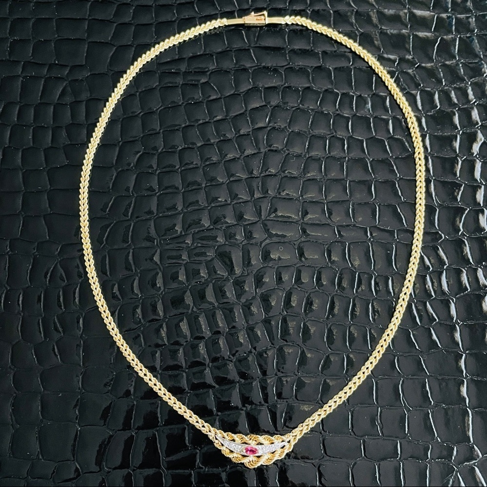 ESTATE 14K GOLD RUBY NECKLACE W/ DIAMONDS DOUBLE ROPE CHAIN - Picture 2 of 11
